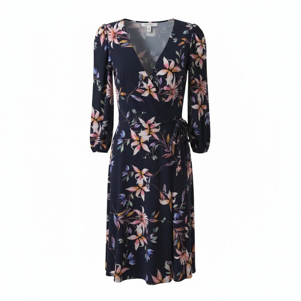 Eliza J 14P Petite Navy Floral Faux Wrap Midi Dress Long Sleeve Wedding Guest